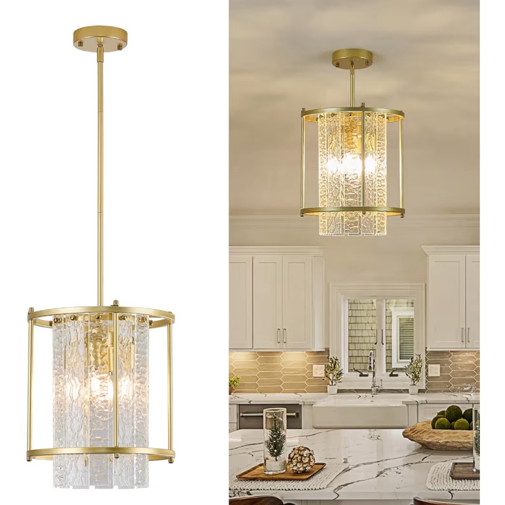 NIB 4-Light Gold Chandelier  Round Pendant Light Fixture Clear Glass Shade